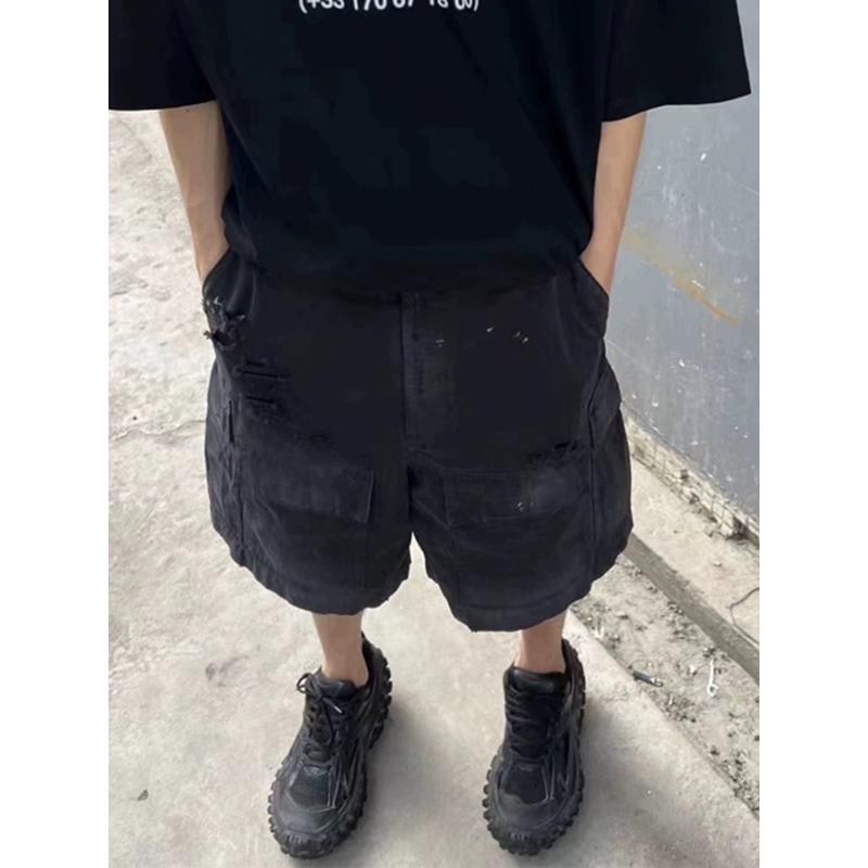 ハーフパンツ メンズ カーゴパンツ 半ズボン 短パン 5分丈 ボトムス ワイド シルエット ルーズ ダメージ加工 マルチポケット ストリート カジュアル スポーティー サマー 綿 コットン 涼しい 通気性 耐摩耗 洗える 黒｜アスターショップ