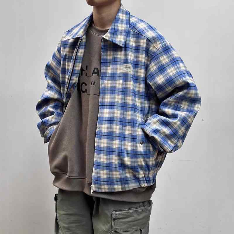 ジャケット メンズ レディース 襟付き 襟 アウター コーチジャケット ブルゾン 上着 ジャンパー 長そで 長袖 チェック チェック柄 ブルー 青 アメリカン レトロ ヴィンテージ風 ストリート系 カジュアル 通気性 耐摩耗 耐久性 普段使い 街着 春｜アスターショップ