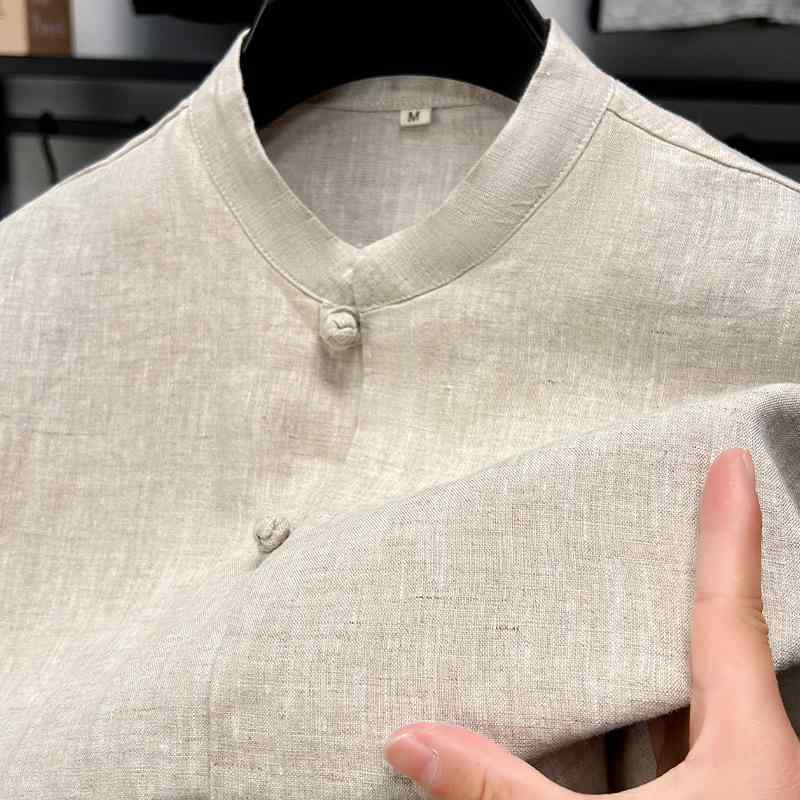 メンズ シャツ トップス 立領 半袖 麻 100% 薄手 免? 色牢度高 合体型 純色 夏 浅カーキ 白色 黒 青年 休?|アスターショップ