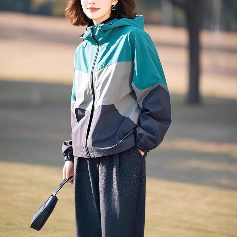 ジャケット レディース アウター 外套 ジャンパー ブルゾン 羽織り 軽アウター 長袖 ショート丈 フード付き 異素材 切り替え 異素材ミックス バイカラー 配色 切替 チャック ジップアップ 通勤 オフィス カジュアル 上品 きれいめ 体型カバー 春 ｜アスターショップ