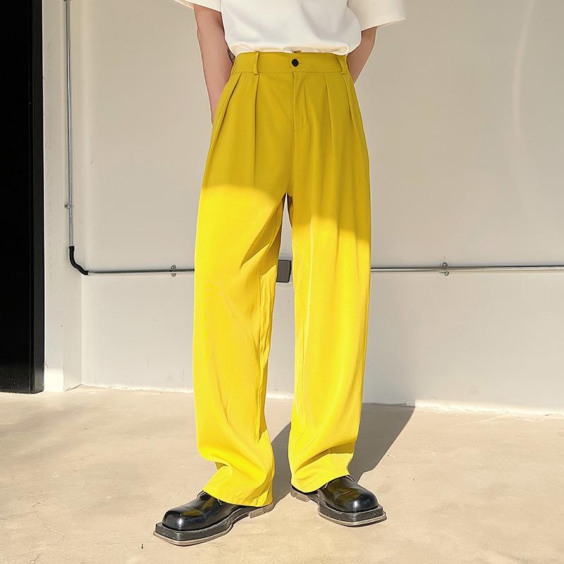 メンズ 西装パンツ 軽ビジネス 西パンツ 緑 黄 ゆったりワイドレッグパンツ ゆったりシルエット 混紡素材 ポリエステル100 春秋 嵌線デザイン ライン飾り ゆったり 軽量 ビジネスカジュアル 休日スタイル デイリーウェア ゆったりフィット 快適素材 ｜アスターショップ
