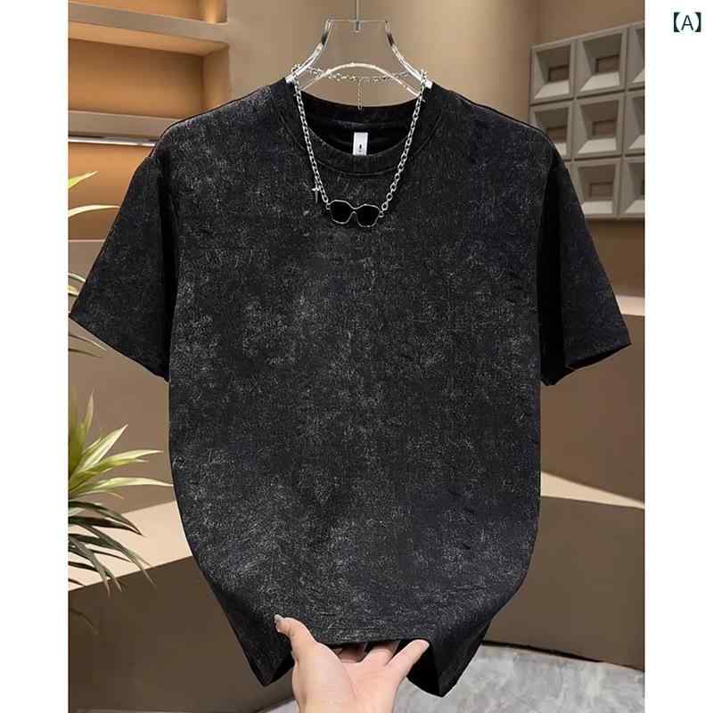 Tシャツ メンズ 春夏 短袖 綿 素材 破れ ディテール タイダイ 柄 ゆったり シルエット 薄手 抗菌 加工 黒 白 グレー ブラウン 休? スタイル カジュアル 普段使い アウトドア 対応 青年 向け トップス 半袖 シャツ ルーズフィット コットン｜アスターショップ
