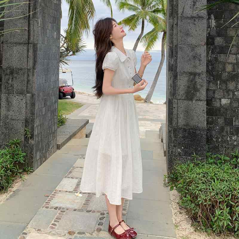 ワンピース 泡袖 シャツ ワンピース レディース 短袖 夏季 純白 ポリエステル 綿 高腰 Aライン スカート 気質 通勤 学院風 ハンガリー風|アスターショップ