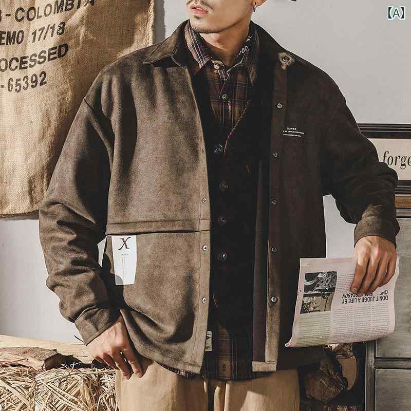ジャケット メンズ 野球服 スエード ブルゾン アウター コート 襟付き コーチジャケット スポーティー レトロ ヴィンテージ風 厚手 ゆったり 長袖 春秋 カジュアル スポカジ 普段使い 旅行 羽織り グレー 灰緑|アスターショップ
