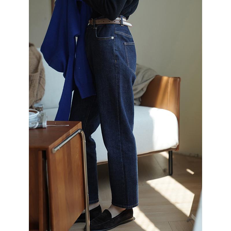 レディース デニムパンツ コットン 高腰 テーパード クロップド ワイドレッグ 濃紺 ウォッシュ加工 微弾性 街頭スタイル 欧米風 春季 軽量 通勤 普段使い カジュアル｜アスターショップ
