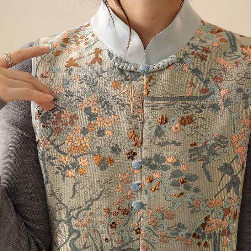 レディース トップス 開襟 馬甲 背心 刺繍 盤ボタン 国風 半高領 ポリエステル 霧月清灰 通勤 気質 秋夏｜アスターショップ