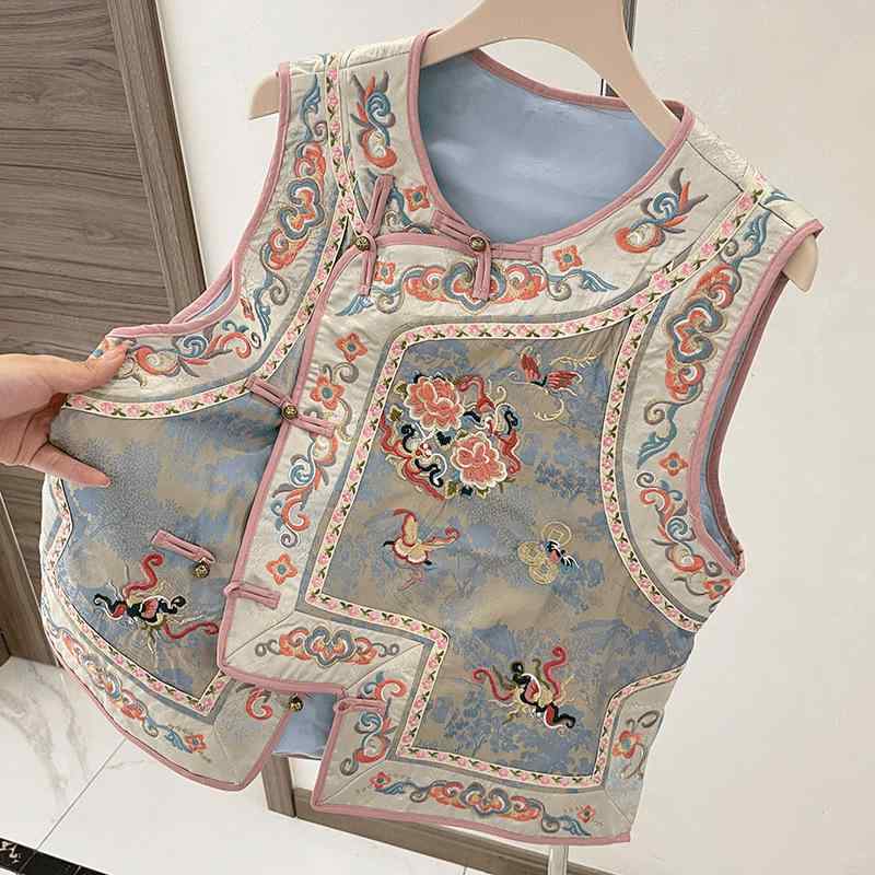 レディース 馬甲 チャイナスタイル 刺繍 デザイン 軽量 雪ニール 生地 アニメ 風 スタイル 御姐 風 私服 春季 浅青 色 単排 ボタン 丸首 切り替え ディテール 高級感 素材 伸縮性 日常使い コーディネート アイテム｜アスターショップ
