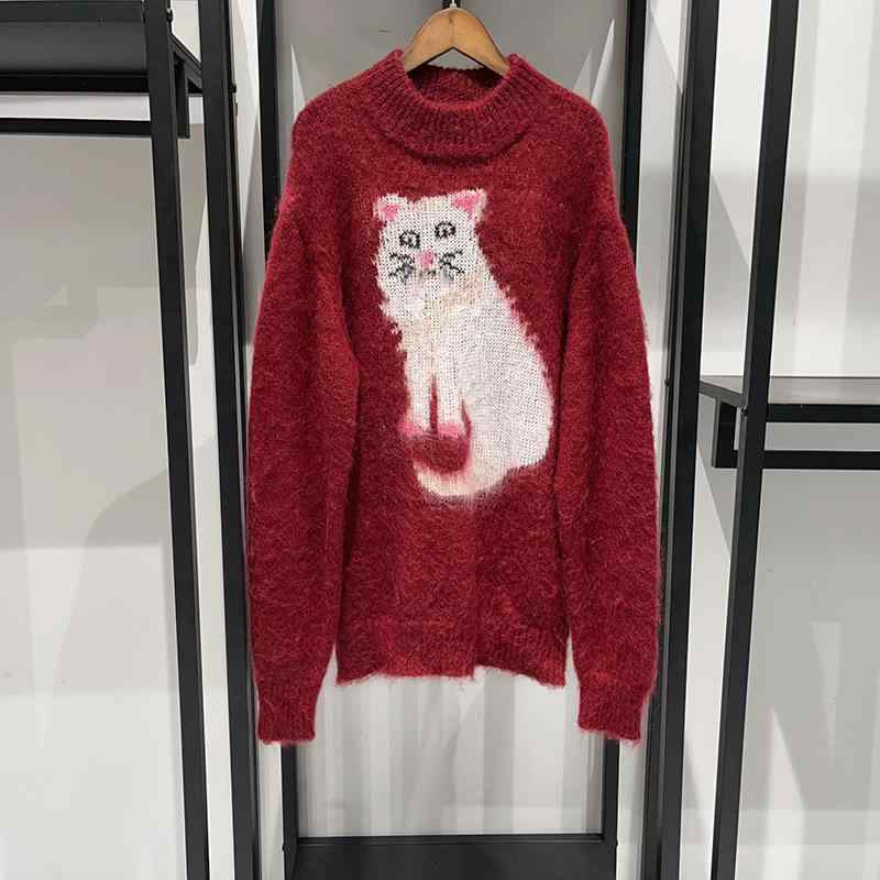 ニット レディース セーター 長袖 ラウンドネック 猫柄 モヘア混 オーバーサイズ ゆるシルエット 秋冬｜アスターショップ