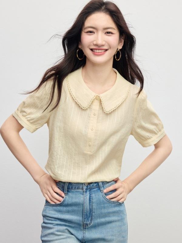 レディース ブラウス 春夏 短袖 泡泡袖 ドールカラー フレンチ カントリー かわいい 清新 甘め 通勤 セットイン ポリエステル コットン プレーツ イエロー 軽やか ゆったり フレア 袖 レイヤード コーデ|アスターショップ