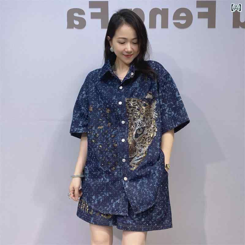 レディース 牛仔 セットアップ 深色 半分豹柄 ドット ラインストーン 刺繍 半袖 シャツ トップス ハイウエスト ワイドレッグ ショートパンツ 2点セット 綿 ポリエステル 混紡 デニム生地 動物プリント 韓国風 カジュアル 快適 ゆったり 大きめサイ｜アスターショップ
