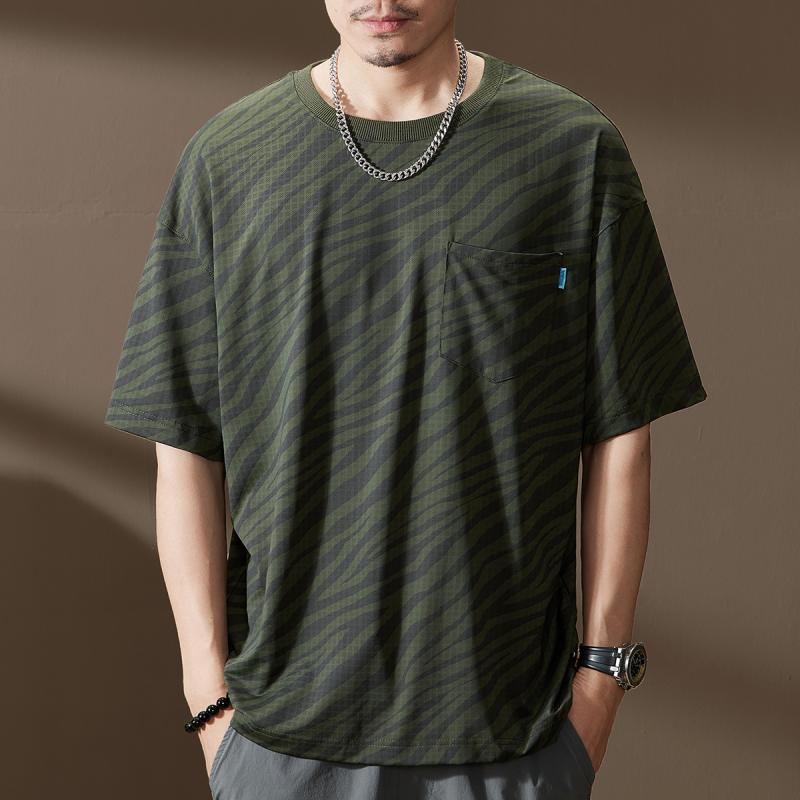 メンズ Tシャツ 短袖 夏用 迷彩柄 緑 黒 グレー ナイロン混紡 速乾 軽量 薄手 落肩袖 切り替え 丸首 ゆったり 運動 抑菌 青年向け 基本スタイル セットアップなし｜アスターショップ