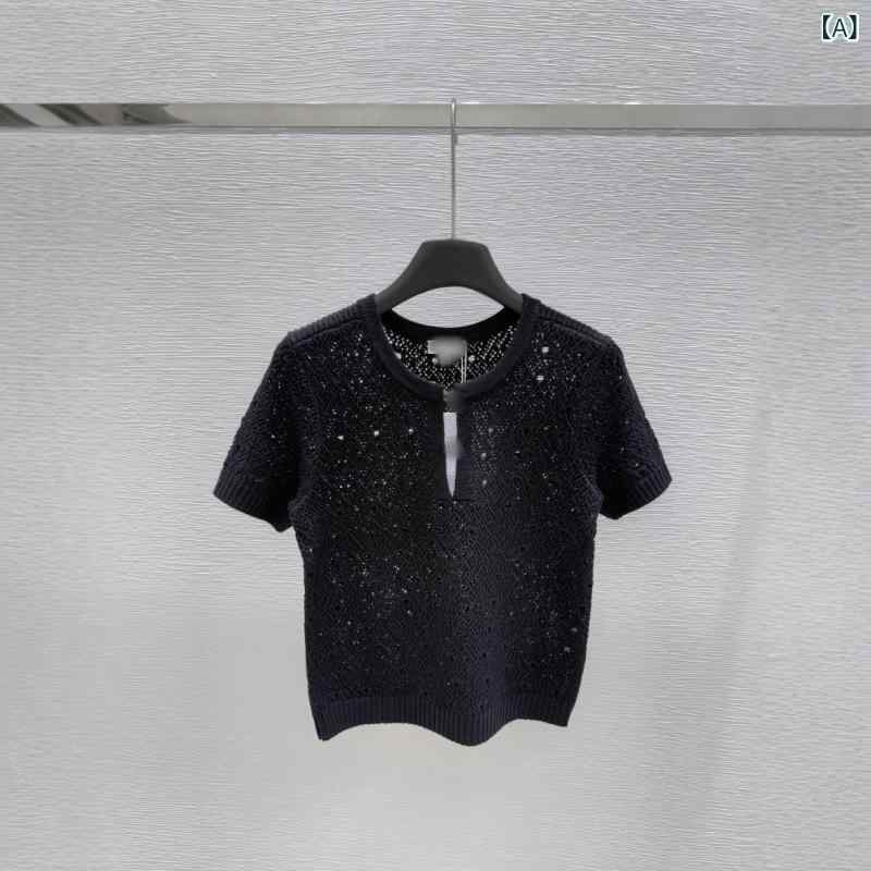 ニット トップス レディース 春夏 丸首 短袖 クロシェ レース ニット 羊毛 幾何学柄 薄手 単品 セットインスリーブ 普通丈 50-65cm ブラック ホワイト 私服 かわいい 軽量 伸縮性 通勤 普段使い デート｜アスターショップ