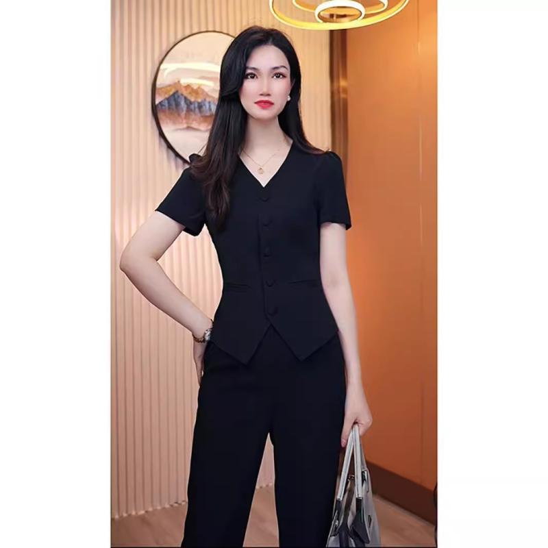 セットアップ レディース 半袖 ジャケット パンツ スーツ 上下セット テーラードジャケット ロングパンツ 薄手 高級感 フォーマル オフィス カジュアル 通勤 ビジネス リクルート 普段使い きれいめ 上品 清楚 フェミニン 骨格ストレート 華奢見え｜アスターショップ