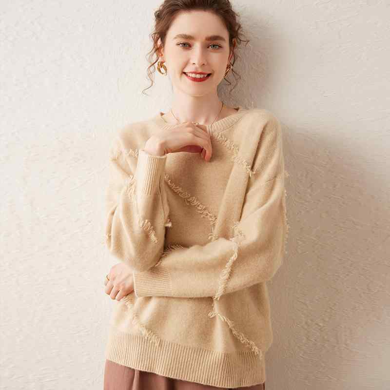 ニット レディース セーター 長袖 ラウンドネック ウール カシミヤ 羊毛 針織 フリンジ カジュアル ゆったり 無地 体型カバー 秋冬 普段使い デイリーユース 高級感 柔らかい 防寒 重ね着風 プルオーバー|アスターショップ