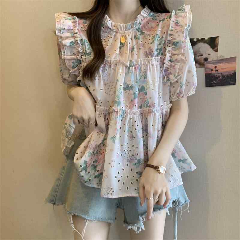 レディース シャツ トップス フレンチ スタイル フリル 花柄 シフォン 短袖 ブラウス ゆったり ワイド 立襟 春夏 花色 かわいい デザイン 軽量 透け感 爽やか 私服 御姐 風｜アスターショップ