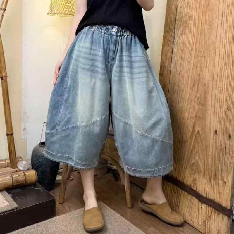 デニムパンツ レディース 7分丈 ?松文??古風 洗い加工 ウエストゴム ハイウエスト カジュアルパンツ 夏 春夏 2025年新作｜アスターショップ