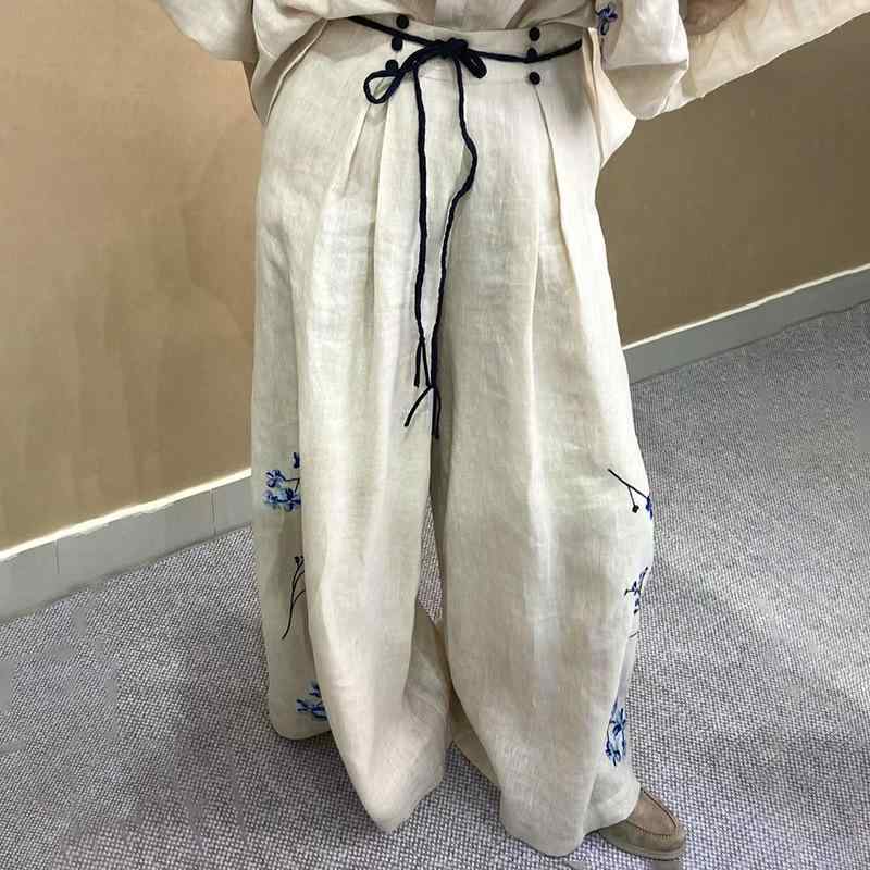 ワイドパンツ レディース リネン 麻 刺繍 刺しゅう ロングパンツ 長パンツ 長ズボン ボトムス ハイウエスト ウエストリボン ドローストリング ウエストゴム ゆるパンツ 楽ちん ゆったり 体型カバー カジュアル ナチュラル レトロ|アスターショップ