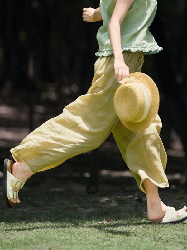 レディース ワイドレッグパンツ 麻 軽やか 通気性 ストレート ロングパンツ 松腰 ゆったり 二層 スカートパンツ 春 豆緑 文?風 復古 立体裁剪 ユニセックス 日常使い 軽量 無弾性｜アスターショップ