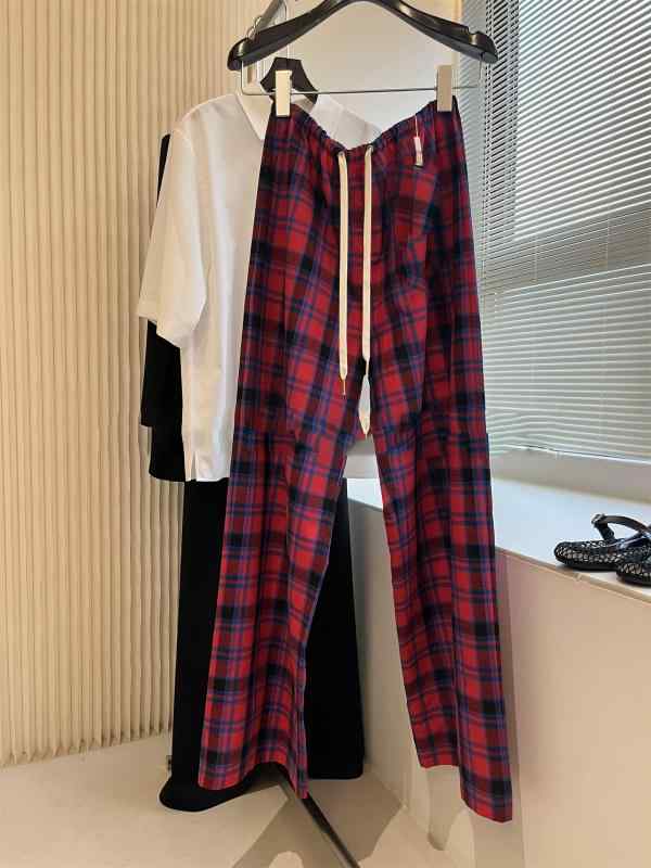カジュアルパンツ レディース ワイドパンツ ロングパンツ 格子柄 チェック柄 切り替え リボン付き 紐付き ?松 ルーズ シルエット 綿 コットン ボトムス ズボン ウエストゴム 赤 青 レッド ブルー レトロ風 春夏｜アスターショップ