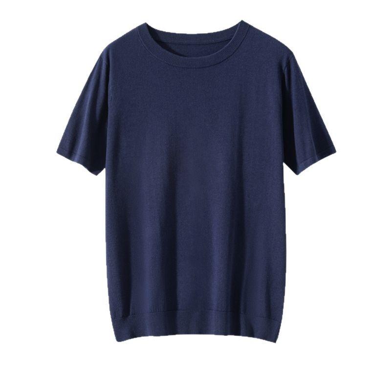 T シャツ メンズ 桑蚕糸 山羊? 混紡 トップス 丸首 短袖 ゆったり 薄手 ニット 春夏 秋 透気 吸湿 排汗 純色 ロブ 裾 休? 韓国風 青年 都市 スタイル 紺 黒 グレー ベージュ ライトブルー ダークグレー 天藍｜アスターショップ