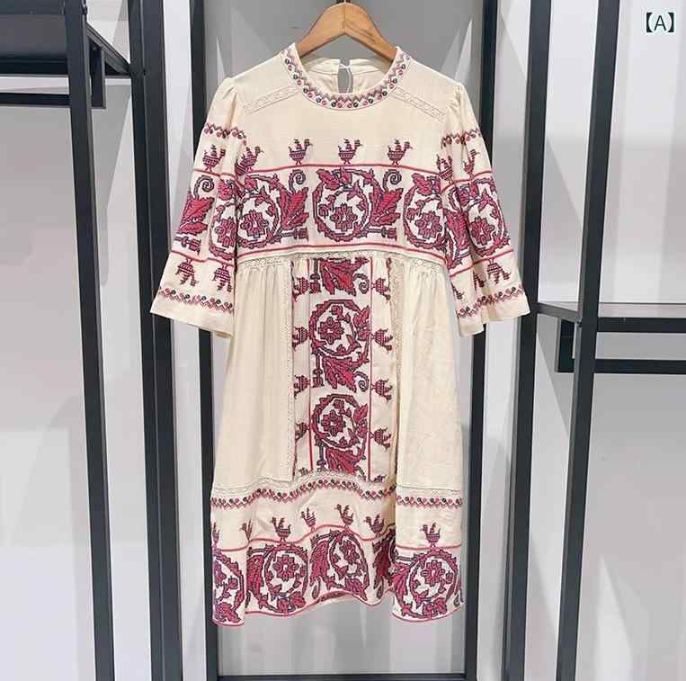 連衣裙 吊帯 ワンピース 春夏 復古風 クラシカル 刺繍 十字 デザイン ケーキスカート レイヤード ロング丈 綿 シルク 風 素材 刺繍 加工 蓬蓬 スカート ミドル 丈 丸首 短袖 中腰 柄 プリント 粘膠繊維 50-70% ヴィンテージ風 ボヘミア|アスターショップ