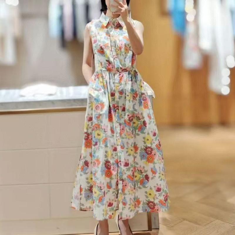 レディース ワンピース 春夏 無袖 シャツ 襟 コットン 生地 花柄 プリント 植物 モチーフ フラワー 柄 A ライン スカート 中長丈 松腰 気質 通勤 スタイル 花色 碎花 デザイン 基礎 スタイル セット 単品｜アスターショップ