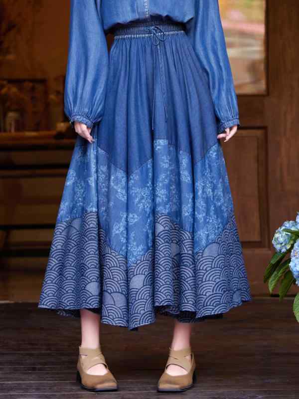 半身スカート 春夏 レディース 牛仔布 綿素材 切り替え ワイドスカート ロング丈 祥雲刺繍 国風デザイン 復古風 民族風 デニムブルー 系帯 ノンストレッチ ゆったりシルエット 通勤 普段使い デート｜アスターショップ