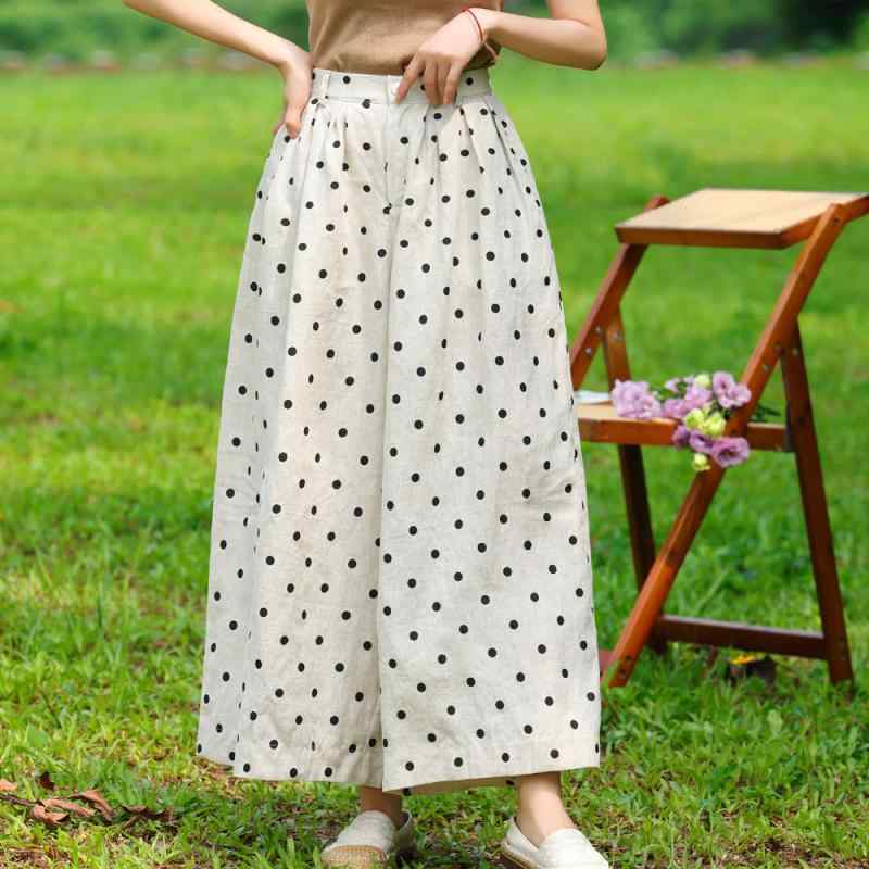 リネンワイドパンツ レディース 春夏 ドット柄プリント カジュアルパンツ 春夏用 9分丈 鬆緊腰 おしゃれ かわいい きれいめ ゆったり|アスターショップ