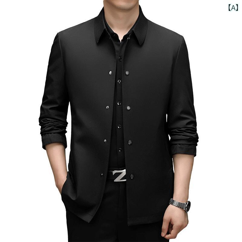 メンズ ジャケット 春夏 薄手 ビジネス 事務服 ファッション 休?服 防水 合体型 ダブルブレスト 長袖 ポリエステル 混紡 無地 黒 紺 グレー ライトブルー カーキ 口袋 ストレートヘム シャツ袖 ポケット フラップ 外被り 青年向け 軽ビジネス |アスターショップ