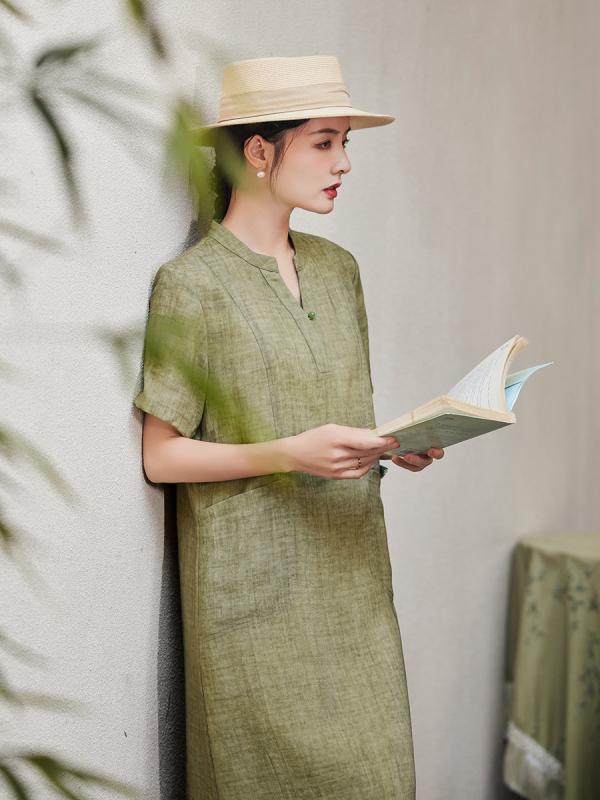 ワンピース レディース Aライン チャイナドレス風 Vネック チュニック丈 リネン混 Tencel 混紡 レトロ ヴィンテージ風 ゆったり 体型カバー 着痩せ カジュアル 無地 オールシーズン|アスターショップ