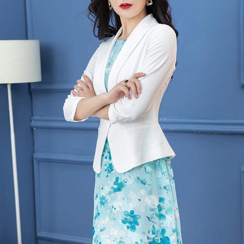 ジャケット レディース 七分袖 春夏 テーラードジャケット アウター 羽織り ショート丈 薄手 オフィス 通勤 仕事着 事務服 OL フォーマル キレカジ フェミニン Aライン シャツカラー 無地 アセテート繊維 ホワイト ブラック｜アスターショップ