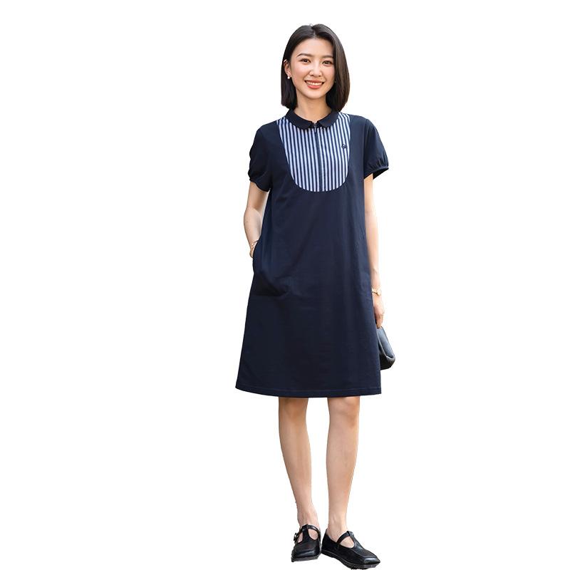 ワンピース レディース 春夏 半袖 ショートスリーブ ミディアム丈 膝丈 Aライン POLO襟 ボーダー柄 切り替え ドッキング コットン 綿 伸縮性 普段使い 休日 お出かけ 日韓カジュアル 細見え ゆったり 大きいサイズ ブラック ブルー ネイビー｜アスターショップ