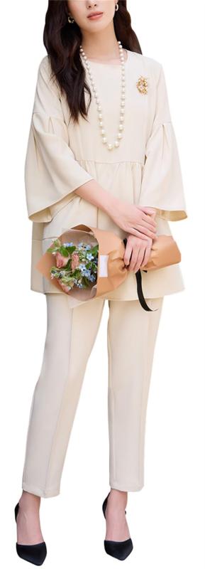[ZHENGTU] レディース パンツスーツ セットアップ トップス+パンツ ブラウス ズボン 2点セット 上下セット クルーネック ボリューム 無地 体型カバー セレモニー フォーマル 結婚式 二次会｜アスターショップ