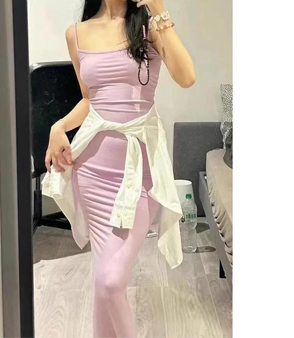 ワンピース レディース 吊帯長スカート スリムフィット スリム効果 セクシー かわいい 私服 夏 印花柄 黄色 ピンク系 ネイビー ベビーブルー パープル 接触冷感 軽量 伸縮性 高級感 ハイウエスト 包臀デザイン Vネック 無袖 一字領 ロング丈 ビッ｜アスターショップ