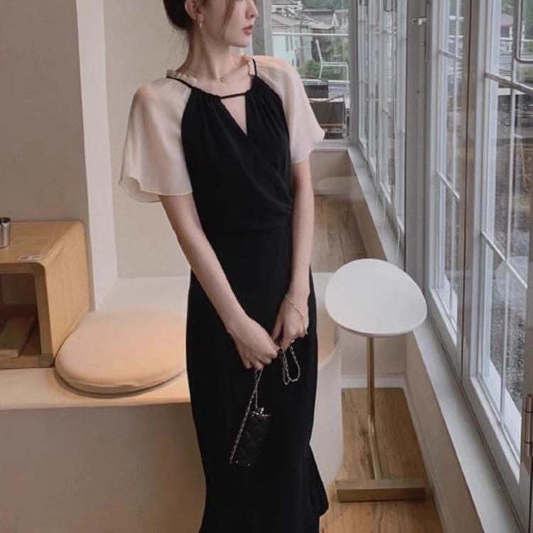 ワンピース レディース 春夏 半袖 Aライン Vネック マキシ丈 ロング 切り替え フリル ギャザー 透かし彫り ティアード 無地 ポリエステル ブラック 普段使い お呼ばれ 通勤 通学 きれいめ エレガント フェミニン｜アスターショップ