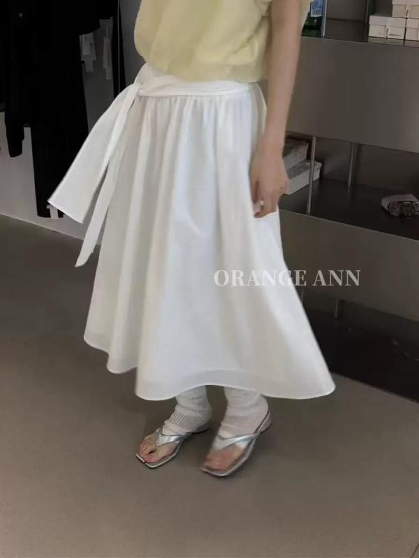 スカート レディース ロング ハイウエスト Aライン ギャザー リボン フレア おしゃれ きれいめ カジュアル ミモレ丈 春夏 無地｜アスターショップ