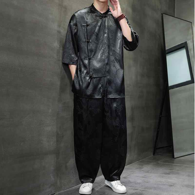 メンズ 漢服 セットアップ 夏用 唐装 ゆったりシルエット 龍柄 斜め襟 半袖 シャツ 九分丈 パンツ 綿素材 黒 白 青年向け 格子柄 普通厚 毛縁 機洗い可 ノンアイロン 春夏 韓風|アスターショップ
