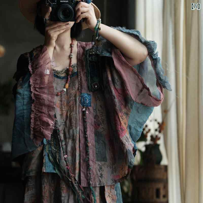シャツ レディース 開衫 綿麻 素材 復古 風 文? スタイル ワイド ルーズ シルエット 手作り パッチワーク 切り替え デザイン 外披 ガウン トップス 五分袖 荷叶袖 デザイン ラウンドネック 紐 結び プリント 柄 花柄 春夏 シーズン 軽量 快｜アスターショップ