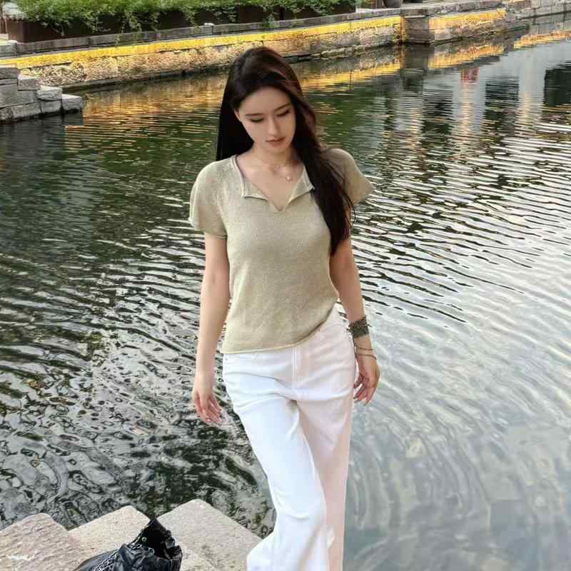 Tシャツ レディース 春夏 Vネック 自然巻き縁 短袖 上衣 針織 ワッシャー麻 混紡 リネン 粘膠繊維 純色 スリムフィット セットネック 通勤 気質 休斯頓 柏林灰｜アスターショップ