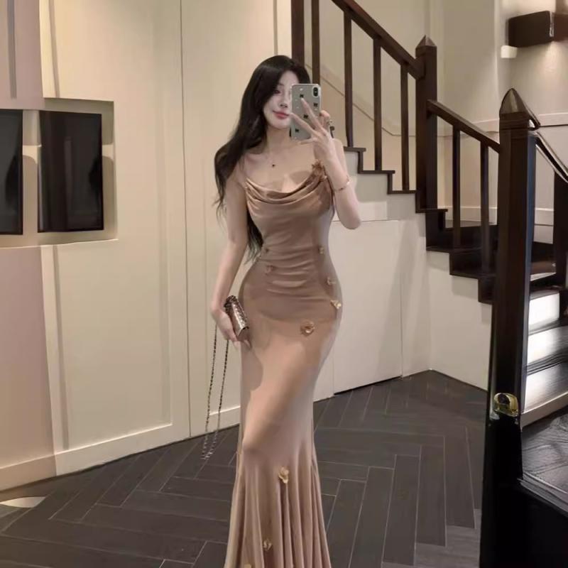 ワンピース レディース キャミワンピ ロング丈 魚尾スカート 花柄 立体感 フランス風 セクシー おしゃれ 高級感 エレガント パーティー デート 服 きれいめ 無地 魅力的 華やか 質感 上品 雰囲気｜アスターショップ