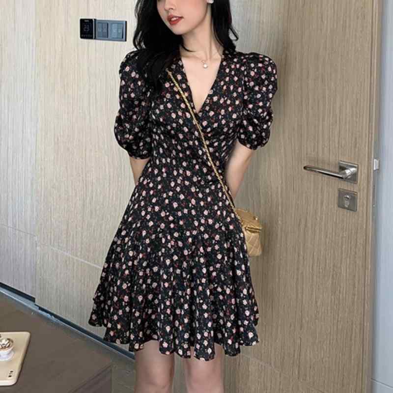 ワンピース レディース ミニ丈 フレンチスタイル Vネック シフォン 碎花柄 小柄 ゆったり 上品 きれいめ 着痩せ デート 普段使い お出かけ 春夏｜アスターショップ
