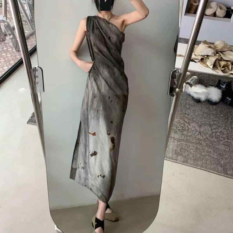 ワンピース レディース 春夏 ワンショルダー 水墨画風 プリント 梨型体型カバー 高級感 デザイン性 個性派 フレンチスタイル ロング丈｜アスターショップ
