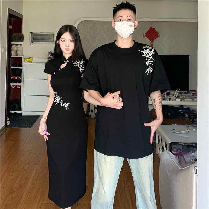 チャイナドレス メンズ レディース 夏服 セットアップ シャツ スクエアネック 半袖 膝丈 モダン 中華風 カップル ペアルック 普段着 お出かけ|アスターショップ