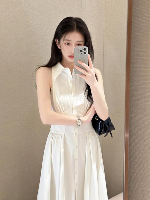 ワンピース レディース ノースリーブ 襟付き ロング丈 フレンチスタイル きれいめ 上品 ボタン カジュアル 普段使い 春夏 オールシーズン|アスターショップ