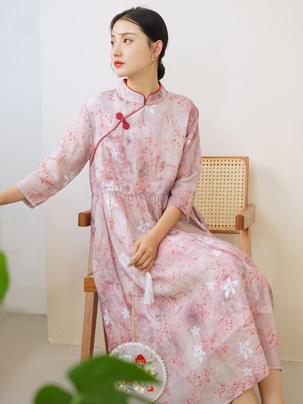 ワンピース レディース 春物 レトロ ラミー 印花 大裾丈 ウエストマーク 着痩せ 新中国風 綿麻 ナチュラル エレガント カジュアル 普段使い 通勤｜アスターショップ