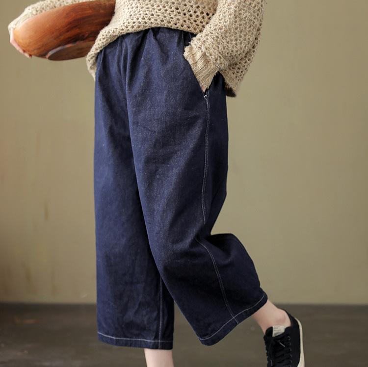 デニムパンツ レディース 春 カジュアル テーパードパンツ 紺 綿 七分丈 ウエストゴム ゆったり 普段使い ボトムス ズボン 無地｜アスターショップ