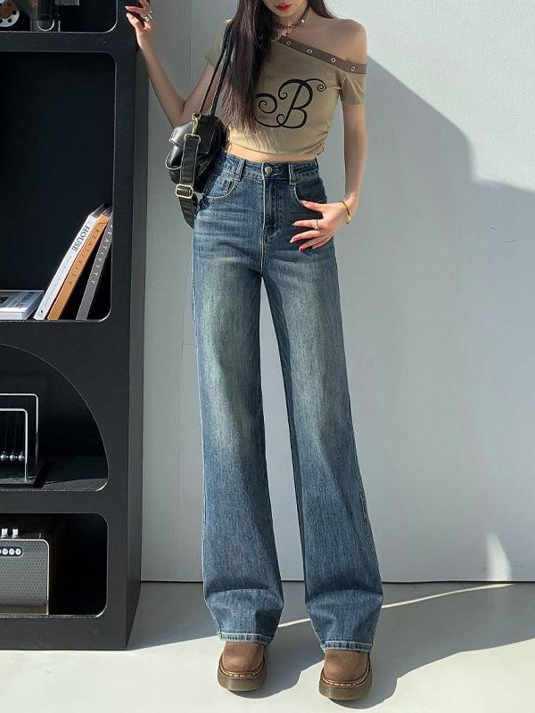 デニムパンツ レディース ストレートパンツ パンツ ボトムス ハイウエスト テーパードパンツ ゆったり 伸縮性 美脚 着痩せ 細見え 普段使い カジュアル 青 春夏｜アスターショップ