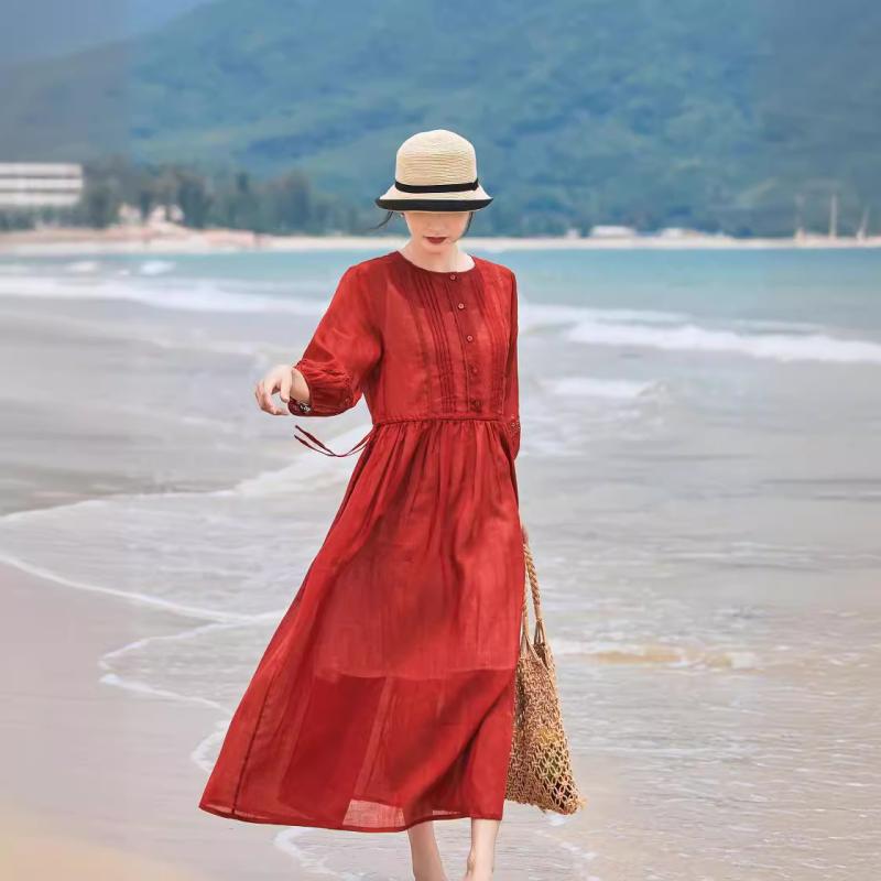 ワンピース レディース 春夏 麻 レース ランタンスリーブ リボン付き 着痩せ きれいめ フェミニン Aライン ロング丈 お出かけ 通勤 旅行 シンプル ナチュラル 通気性 涼しい 大人かわいい｜アスターショップ