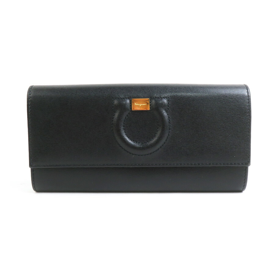 未使用級　サルヴァトーレフェラガモ　長財布　ガンチーニ　レザー　黒　箱付き フェラガモ レザーガンチーニ長財布