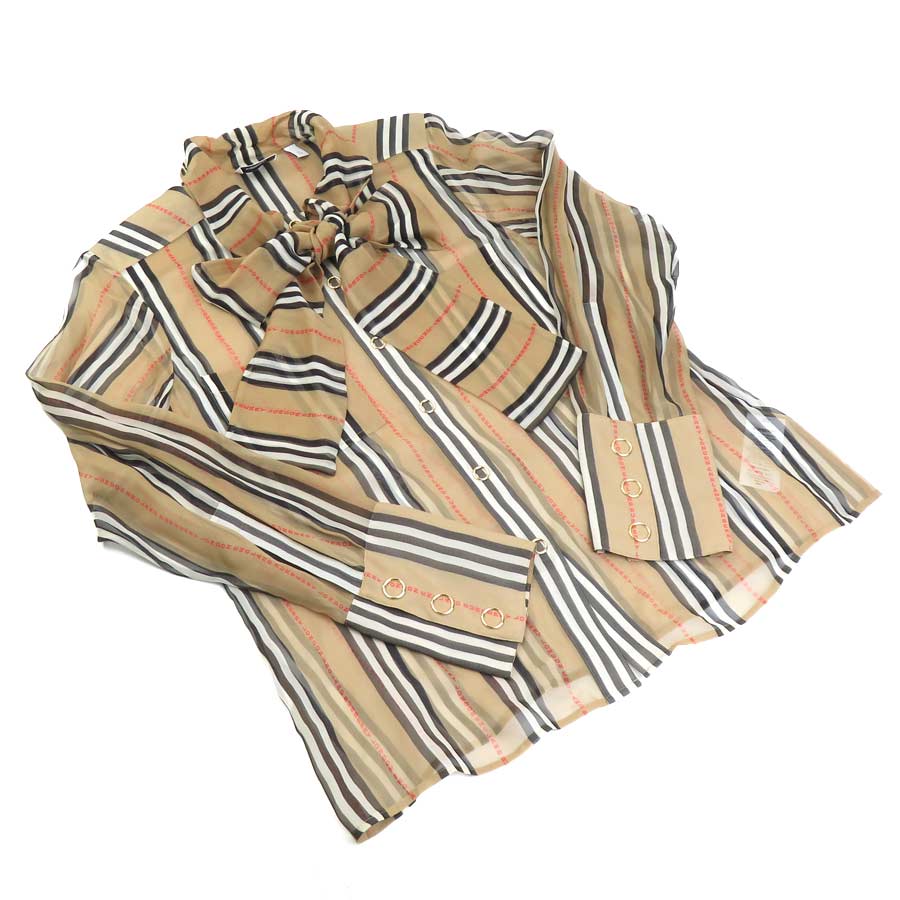 バーバリー長袖ブラウスボウタイTBモノグラムイタリア製シルク100%